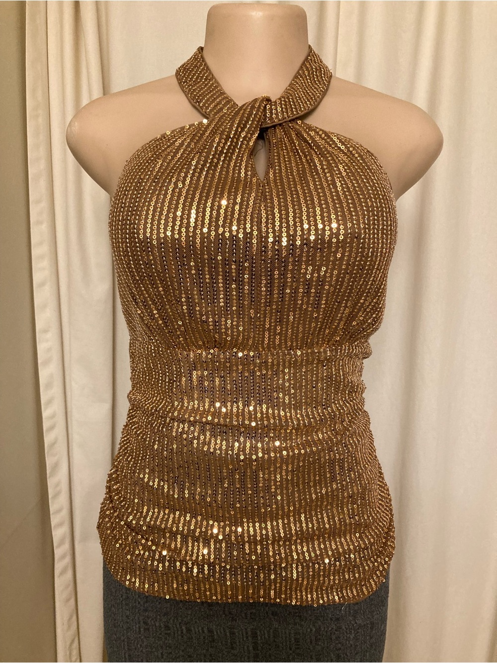 Grace Karin Gold One-Shoulder Sequin Halter Top